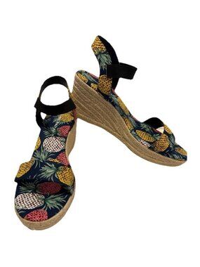 Monroe & Main Pineapple Wedge Heel Espadrilles Women's Sz 12 Navy Print Bohemian